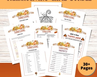 May include: A Thanksgiving game bundle with 30+ pages of printable games. The games include categories, candy dice, trivia, scavenger hunt, find the guest, what is your turkey name, and mindmatch. The games feature an autumn theme with pumpkins, leaves, and sunflowers.
