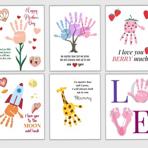 May include: Six greeting cards with handprint art. One card says "Happy Mother's Day". Another says "I love you BERRY much!". Other cards have the phrases "I love you to the MOON and back", and "No matter how tall I grow, I will always look up to you".