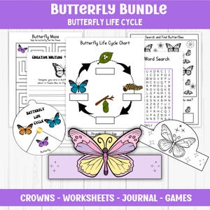 May include: A printable butterfly life cycle bundle with worksheets, games, and a butterfly crown. The bundle includes a butterfly life cycle chart, a word search, a maze, and a creative writing activity.