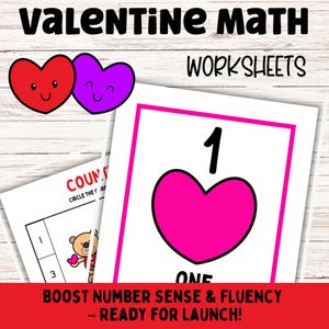 May include: Valentine's Day maths worksheets. The image shows a red and purple heart, and worksheets with numbers and heart shapes. Text includes "Valentine Math", "Worksheets", and "Boost Number Sense & Fluency - Ready for Launch!"
