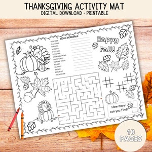 Thanksgiving Activity Placemat | Kids Thanksgiving Crafts | Fall DecorPrintable | Thanksgiving Activities for Kids, Coloring