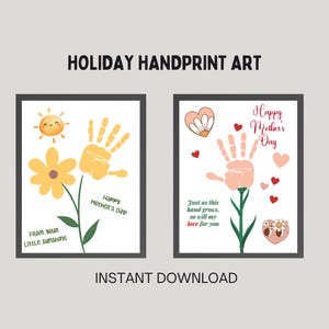 May include: Two framed handprint art prints for Mother's Day. One features a yellow flower, sun, and the text "From your little sunshine." The other has a handprint, hearts, and the text "Happy Mother's Day."