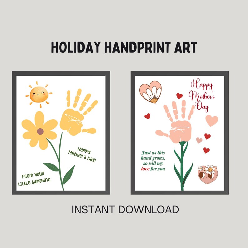 May include: Two framed handprint art prints for Mother's Day. One features a yellow flower, sun, and the text "From your little sunshine." The other has a handprint, hearts, and the text "Happy Mother's Day."