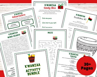 May include: A printable Kwanzaa activity bundle with over 30 pages of games, puzzles, and trivia. The bundle includes activities like charades, word search, sudoku, a maze, candy dice, and trivia questions about Kwanzaa. The cover features a colorful illustration of a Kwanzaa kinara with seven candles.