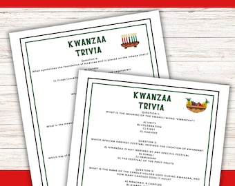 May include: A printable Kwanzaa trivia game with questions about the meaning of the word "Kwanzaa", the festival's origins, and the candle holder used during the celebration.