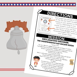 Pode incluir: Uma ilustra&ccedil;&atilde;o do Sino da Liberdade com um jugo castanho e um sino cinzento. Ao lado, um documento a preto e branco com o t&iacute;tulo "Declaration Decoder: The Independence Day Escape Room". O documento cont&eacute;m instru&ccedil;&otilde;es e uma declara&ccedil;&atilde;o de miss&atilde;o.