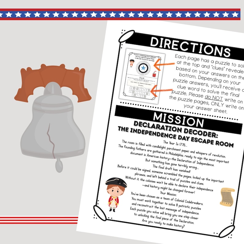 Pode incluir: Uma ilustra&ccedil;&atilde;o do Sino da Liberdade com um jugo castanho e um sino cinzento. Ao lado, um documento a preto e branco com o t&iacute;tulo "Declaration Decoder: The Independence Day Escape Room". O documento cont&eacute;m instru&ccedil;&otilde;es e uma declara&ccedil;&atilde;o de miss&atilde;o.