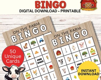 May include: Two "On The Farm Bingo" game cards with farm animal illustrations. The cards have the text "On The Farm Bingo", "50 Unique Cards", and "Instant Download". A cartoon cow and a red barn are also shown.