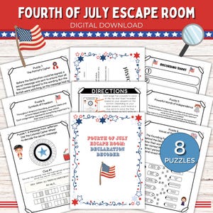May include: A digital download for a Fourth of July Escape Room, featuring eight puzzles. The design includes patriotic elements like the American flag and stars. The puzzles are themed around the Declaration of Independence and historical events.