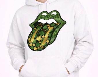 Hoodie med St Patricks läppar, lucky shamrock-läppar, rolig irländsk hoodie, gröna glitterläppar, St Patricks party-hoodie, unisex hoodie