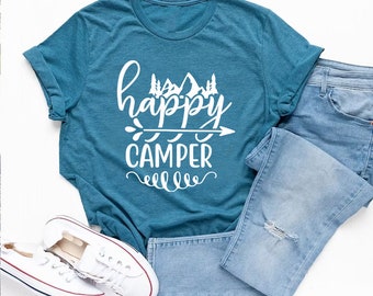 Happy Camper Fashionable Printed T-Shirt - Washable Graphic Casual Tee - Round Neck Summer Soft Tees - Stylish Comfortable Cotton T-Shirts