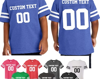 May include: A set of ten youth-sized football jerseys in various colors. Each jersey has white stripes on the sleeves and a white number "00" on the front and back. The text "CUSTOM TEXT" is printed above the number on the front of each jersey.