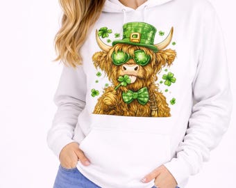Rolig höglandsko St Patricks-tröja, irländsk ko-tröja, klöverko-tröja, söt ko St Paddy-tröja, gårdsdjur-tröja, hoodie-tröja