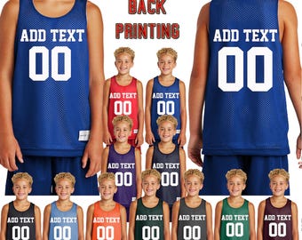 May include: A group of ten youth basketball jerseys in various colors, including red, blue, black, green, and purple. Each jersey has a white mesh design and features the text "ADD TEXT" and the number "00" printed on the front.