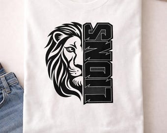 Lions-tröja, svartfärgad Lions-t-shirt, lejonmaskottröja, skolinspirerad huvtröja, minimalistiska atletiska Lions-kläder, vertikal lejondesign