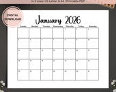 2026 Calendar Printable, Monthly Planner Calendar Landscape, Monday & Sunday Start, 2026 Wall Calendar, A4 and Letter size Wall Calendar