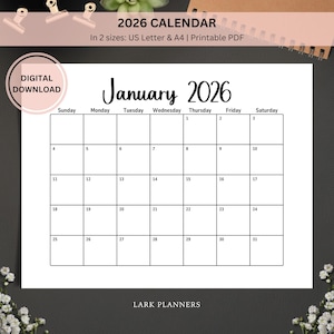 2026 Calendar Printable, Monthly Planner Calendar Landscape, Monday & Sunday Start, 2026 Wall Calendar, A4 and Letter size Wall Calendar