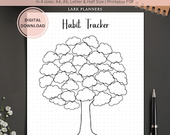 May include: A printable habit tracker with a tree design. The tree has a large canopy of clouds that can be colored in to track habits. The text "Habit Tracker" is at the top of the page.
