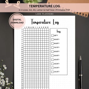 Temperature Log Printable Journal Page, Weather Tracker, Bullet Journal Planner Page, Weather Log Track Temperature Fahrenheit and Celsius