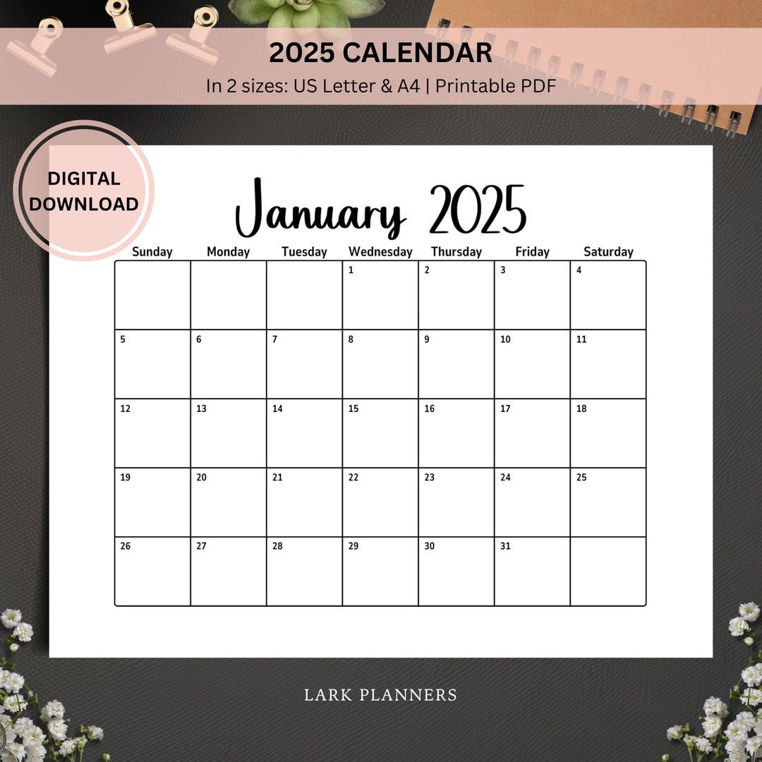 2025 Calendar Printable, Monthly Planner Calendar Landscape, Monday