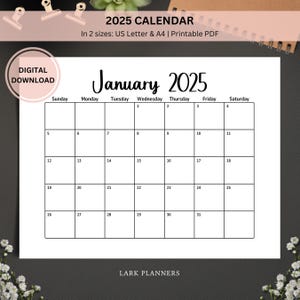 2025 Calendar Printable, Monthly Planner Calendar Landscape, Monday & Sunday Start, 2025 Wall Calendar, A4 and Letter size Wall Calendar