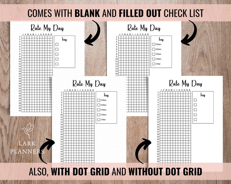 May include: Four printable pages with a grid and a key for rating your day. The pages are labeled "Rate My Day" and include the months of the year. The key includes a 5-star, 4-star, 3-star, 2-star, and 1-star rating system.