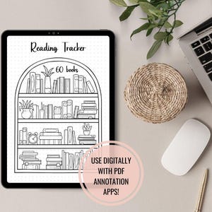 May include: Black and white illustration of a bookshelf with 60 books, plants, and a clock. The text "Reading Tracker" and "60 books" is on the image. The text "Use Digitally with PDF Annotation Apps!" is on a pink rectangle.
