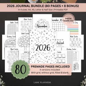 2026 Journal Bundle Planner Afdrukbaar, Premade Bullet Journal-pagina's, Jaarlijkse Maandelijkse Trackers, Habit Mood Trackers, Bujo Pages, Journal Kit