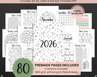 2026 Journal Bundle Planner Printable, Premade Bullet Journal Pages, Yearly Monthly Trackers, Habit Mood Trackers, Bujo Pages, Journal Kit