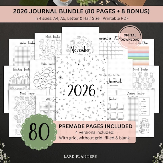 2026 Journal Bundle Planner Printable, Premade Bullet Journal Pages, Yearly Monthly Trackers, Habit Mood Trackers, Bujo Pages, Journal Kit