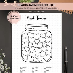 Può includere: Tracker di umore stampabile in bianco e nero con un barattolo pieno di cuori. Il stampabile include il testo "Mood Tracker" e un elenco di stati d'animo da spuntare: Felice, Triste, Arrabbiato, Stanco, Energico, Calmo.
