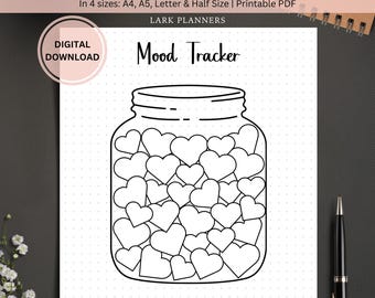 Può includere: Tracker di umore stampabile in bianco e nero con un barattolo pieno di cuori. Il stampabile include il testo "Mood Tracker" e un elenco di stati d'animo da spuntare: Felice, Triste, Arrabbiato, Stanco, Energico, Calmo.
