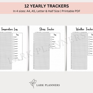 May include: Three printable PDF pages featuring black and white yearly trackers for temperature, stress, and weather. Each page has a grid with 31 columns and 31 rows, representing the days of the month. The pages include a key with options for each tracker.