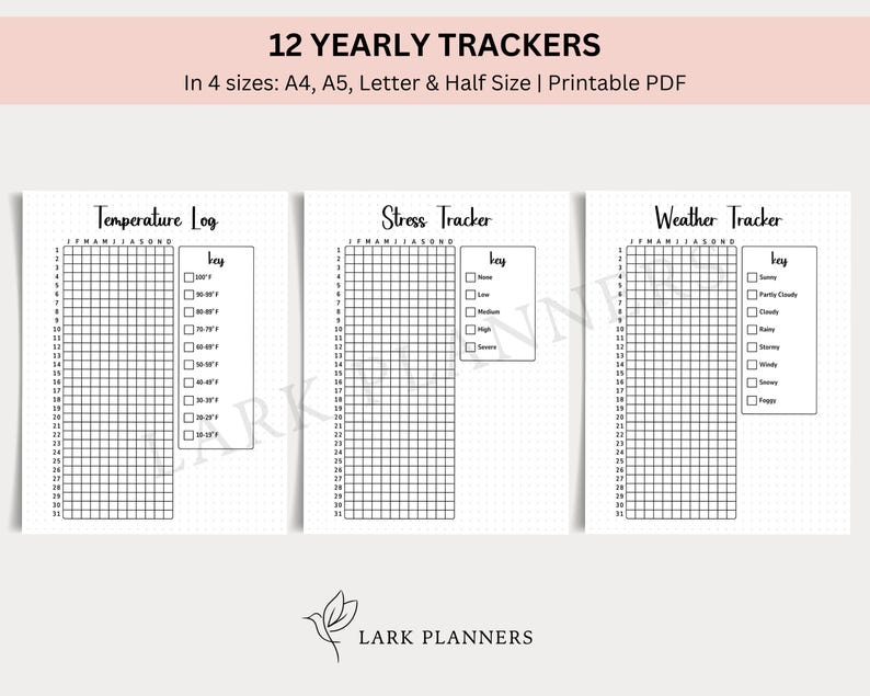 May include: Three printable PDF pages featuring black and white yearly trackers for temperature, stress, and weather. Each page has a grid with 31 columns and 31 rows, representing the days of the month. The pages include a key with options for each tracker.
