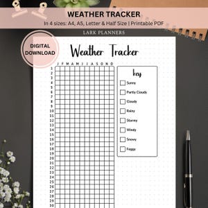 Weather Tracker Printable Journal Page, Journal Template, Planner Page, Track Weather Log, Yearly Weather Tracker, Bullet Journal Idea