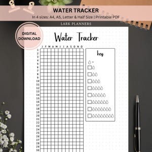 Watertracker maandelijkse afdrukbare dagboekpagina, dagelijkse tracker, Bullet Journal-pagina, waterlogboek, gezonde gewoonte-tracker, jaarlijkse watertracker
