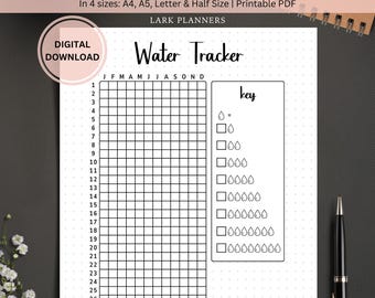 Water Tracker Monthly Printable Journal Page, Daily Tracker, Bullet Journal page, Water Log, Healthy Habit Tracker, Yearly Water Tracker