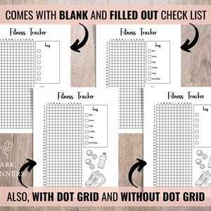 May include: Four printable fitness tracker pages with a key for different workout types. The pages include a blank grid and a filled-out grid with checkboxes. The pages also include a key with different workout types, such as arms, legs, cardio, and full body. The pages are designed for use in a bullet journal or planner.