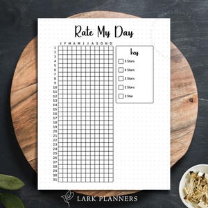 May include: A printable planner page with a grid for rating your day on a scale of 1 to 5 stars. The page includes the months of the year and a key for the star rating system. The page is designed for use with a dotted journal.