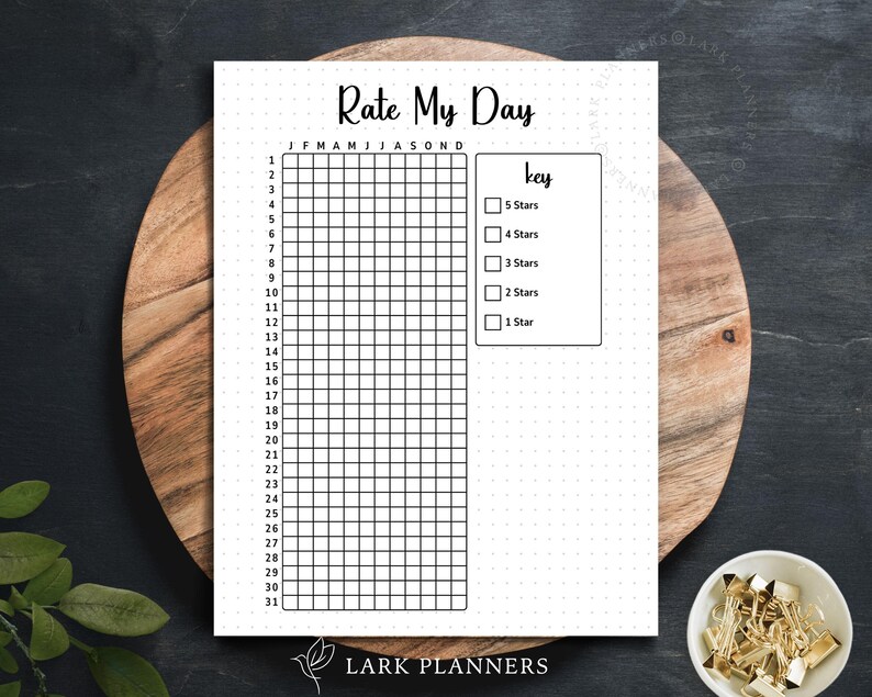 May include: A printable planner page with a grid for rating your day on a scale of 1 to 5 stars. The page includes the months of the year and a key for the star rating system. The page is designed for use with a dotted journal.
