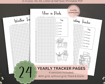 Yearly Tracker Bundle, Printable A5 Planner Inserts, Habit Trackers, Premade Bullet Journal Pages, Bujo, Mood Trackers, Printable Planner