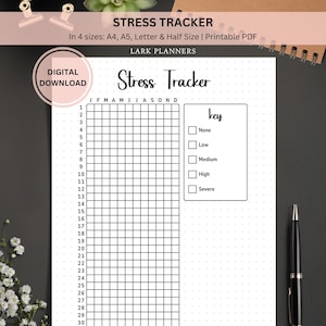 Stress Tracker Printable Journal Page, Habit Tracker, Wellness Tracker, Bullet Journal, Printable Planner, Self Care Mental Health Tracker