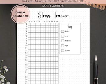 May include: Printable stress tracker with a grid for each month of the year. The grid is divided into 30 squares. A key is included with the following options: None, Low, Medium, High, Severe.