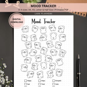 Op de afbeelding: Een printbare mood tracker met een zwart-witte illustratie van mopshonden. De tracker heeft selectievakjes voor blij, verdrietig, boos, moe, energiek en kalm.