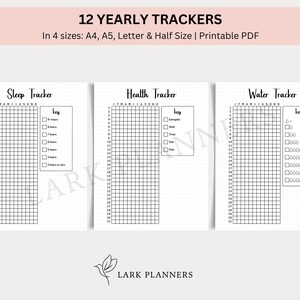 May include: Printable PDF download of 12 yearly trackers, including sleep, health, and water trackers. Each tracker has a grid with a key for marking daily habits.