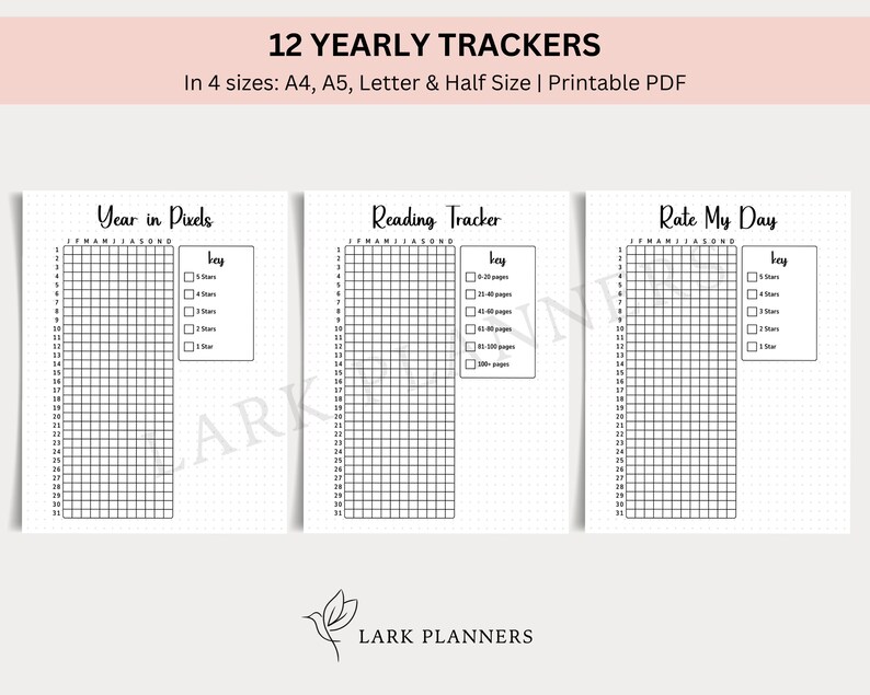 May include: Three printable PDF pages with yearly trackers for "Year in Pixels", "Reading Tracker", and "Rate My Day". Each page has a grid with months of the year labelled and a key with options for rating.