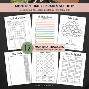 May include: A set of 12 printable monthly tracker pages in four sizes: A4, A5, Letter, and Half Size. The pages include trackers for month at a glance, gratitude journal, habit tracker, sleep tracker, mood tracker, and movies I've watched.