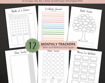 Paquete de seguimiento mensual de Bullet Journal, páginas de planificación Bujo imprimibles y prefabricadas para seguimiento de hábitos, página de planificación de un vistazo al mes, diario de gratitud