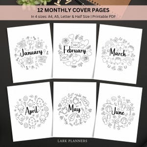 12 Month Title Pages Bundle, Bullet Journal Printable Monthly Cover Page, Cute Printable Monthly Title Page, Printable Planner Inserts