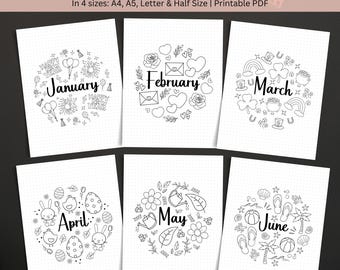 12 Month Title Pages Bundle, Bullet Journal Printable Monthly Cover Page, Cute Printable Monthly Title Page, Printable Planner Inserts